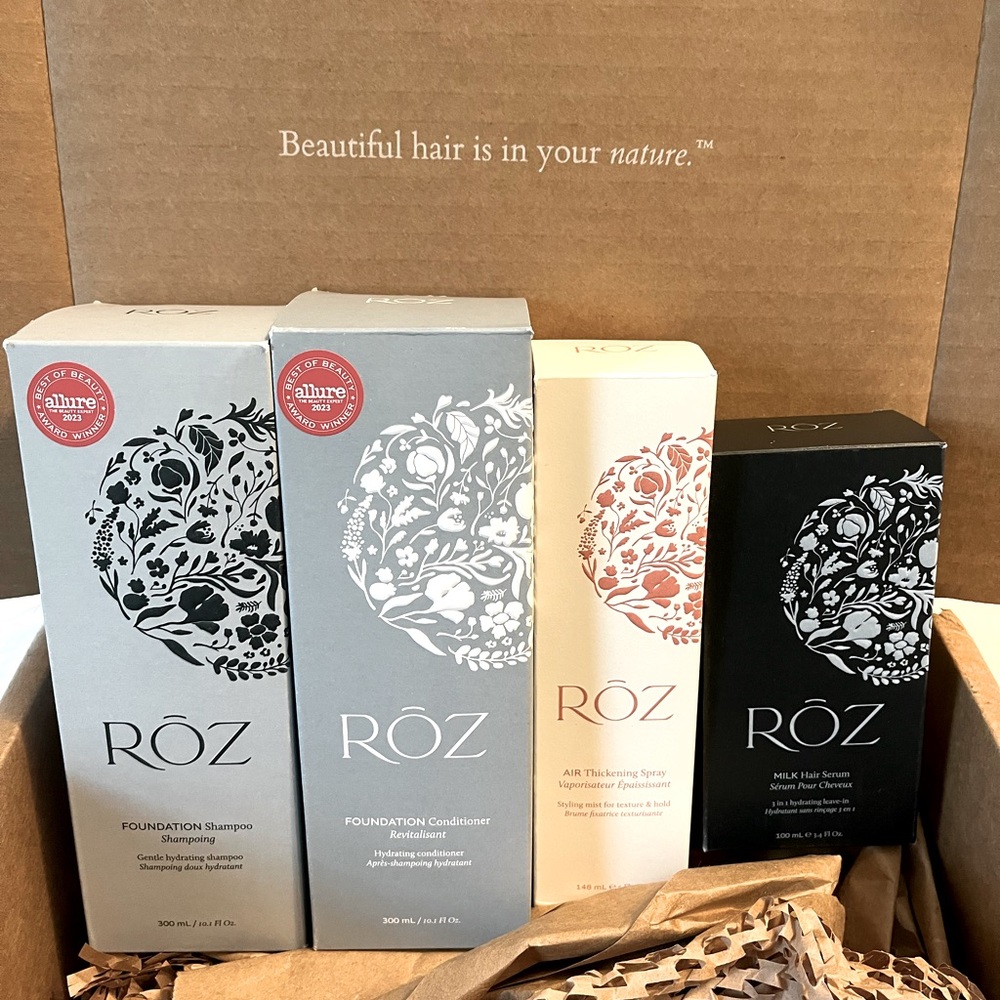 ROZ Hair: Foundation shampoo/conditioner, Milk hair serum, Air Thickening Spray